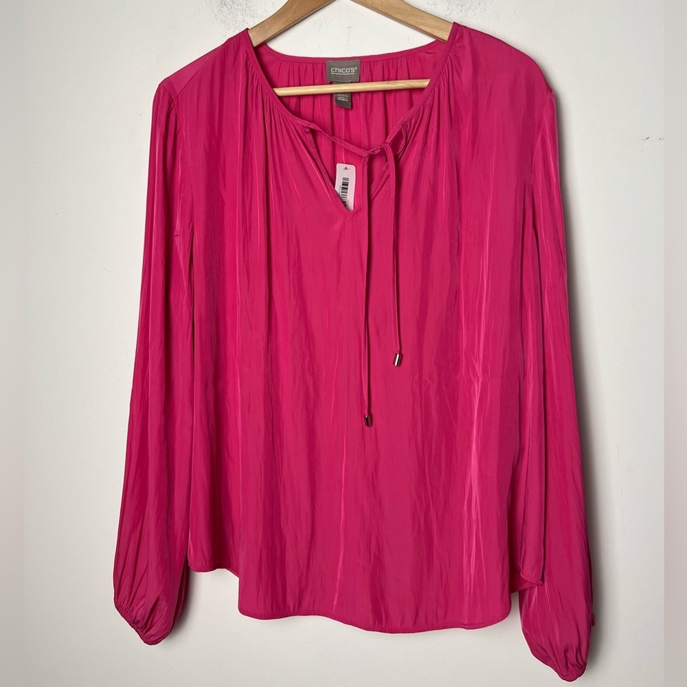 Chico's Women's Tassel Notch Blouson Sleeve Silky Blouse Fuchsia Rose Spring NEW